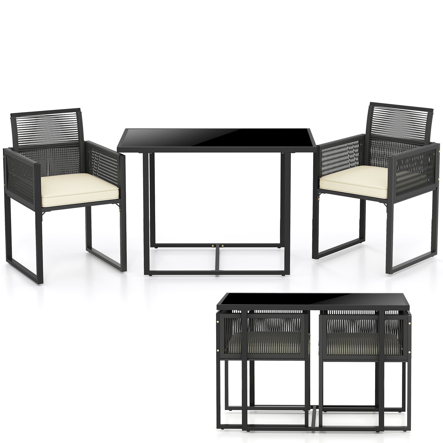 3 Pieces Patio Tempered Glass Top Table and Chairs Set for Porch Backyard-White