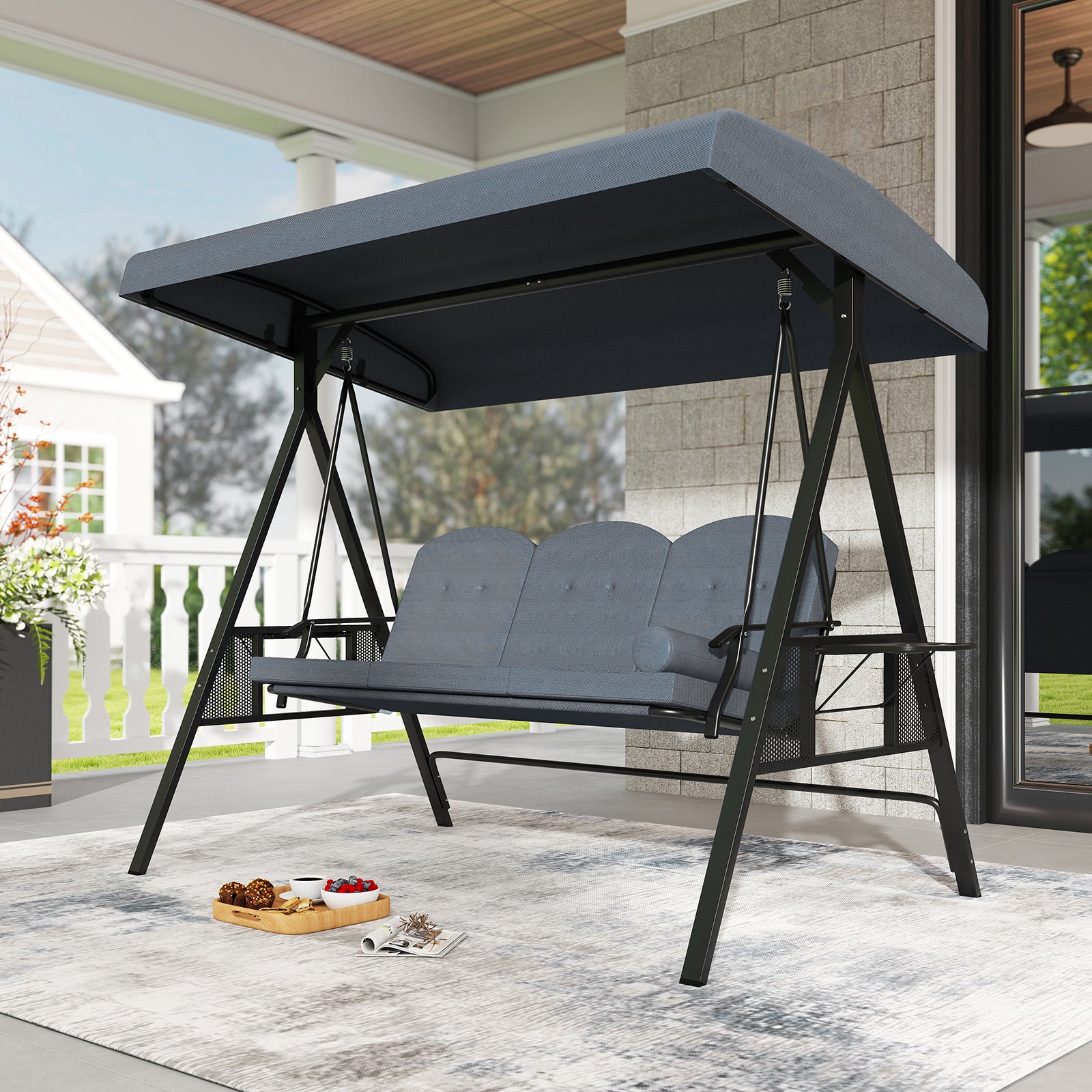 3-Seat Patio Swing Chair Porch Swing with Adjustable Canopy Thickened Cushions Pillow and Foldable Side Trays-Grey