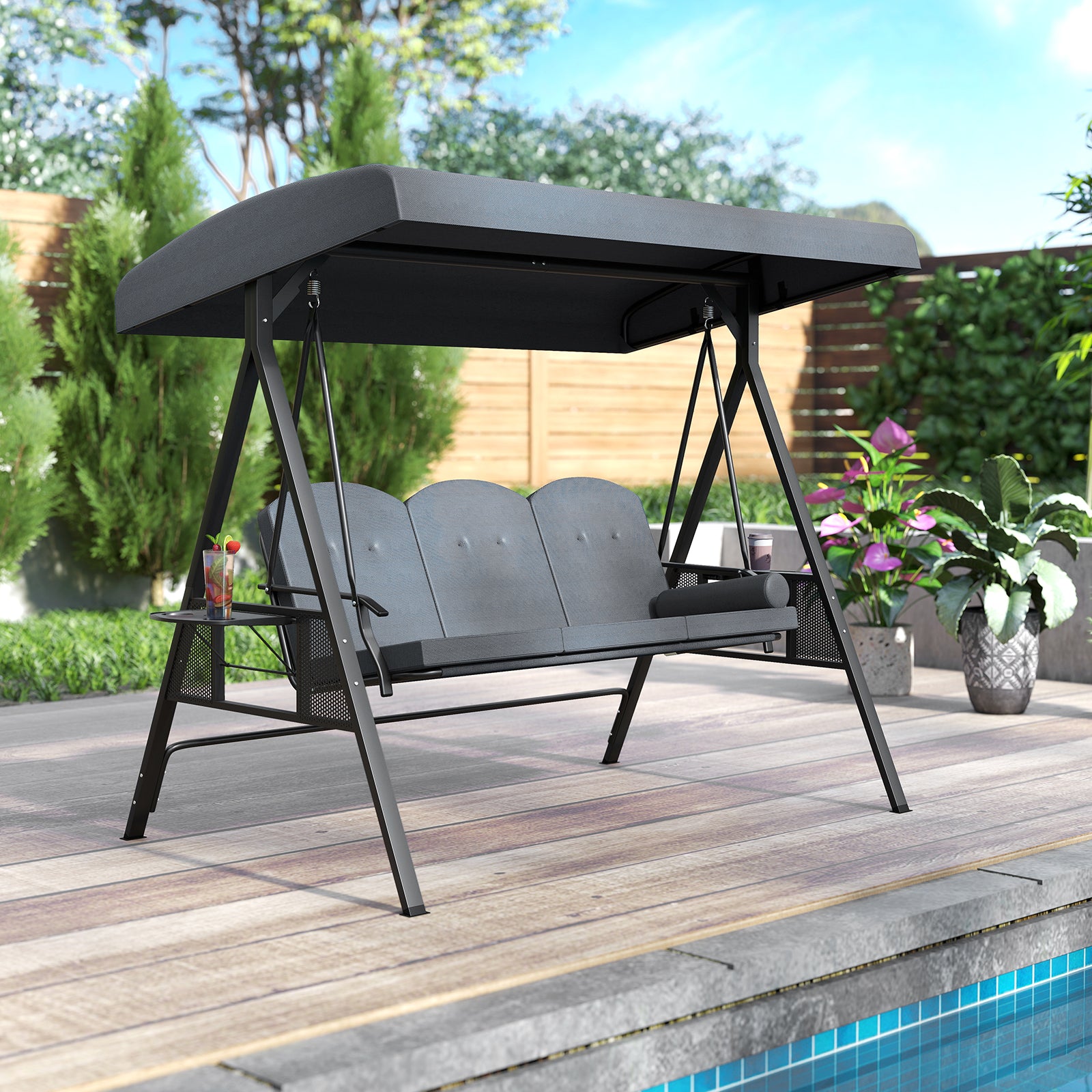 3-Seat Patio Swing Chair Porch Swing with Adjustable Canopy Thickened Cushions Pillow and Foldable Side Trays-Grey