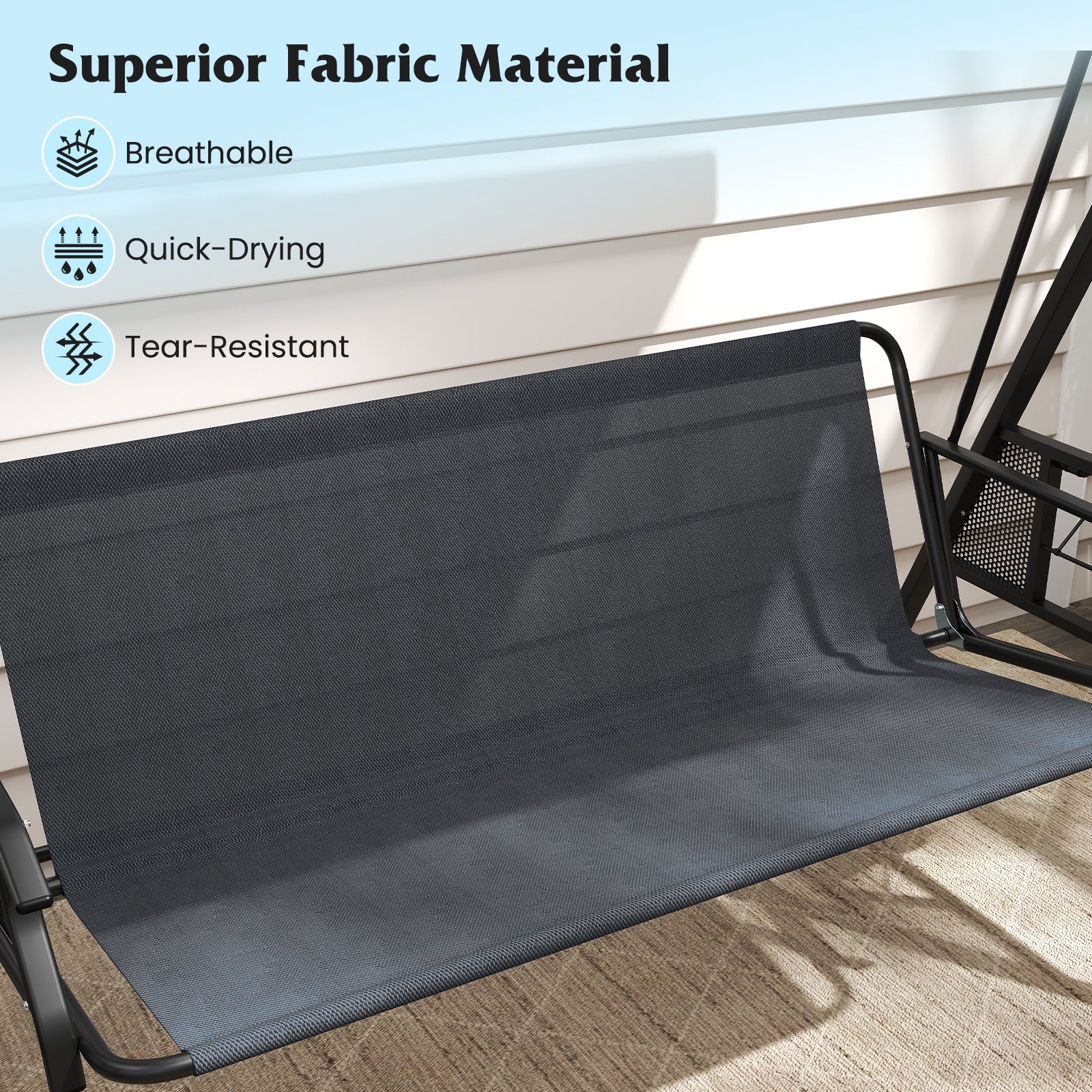 3-Seat Patio Swing Chair Porch Swing with Adjustable Canopy Thickened Cushions Pillow and Foldable Side Trays-Grey
