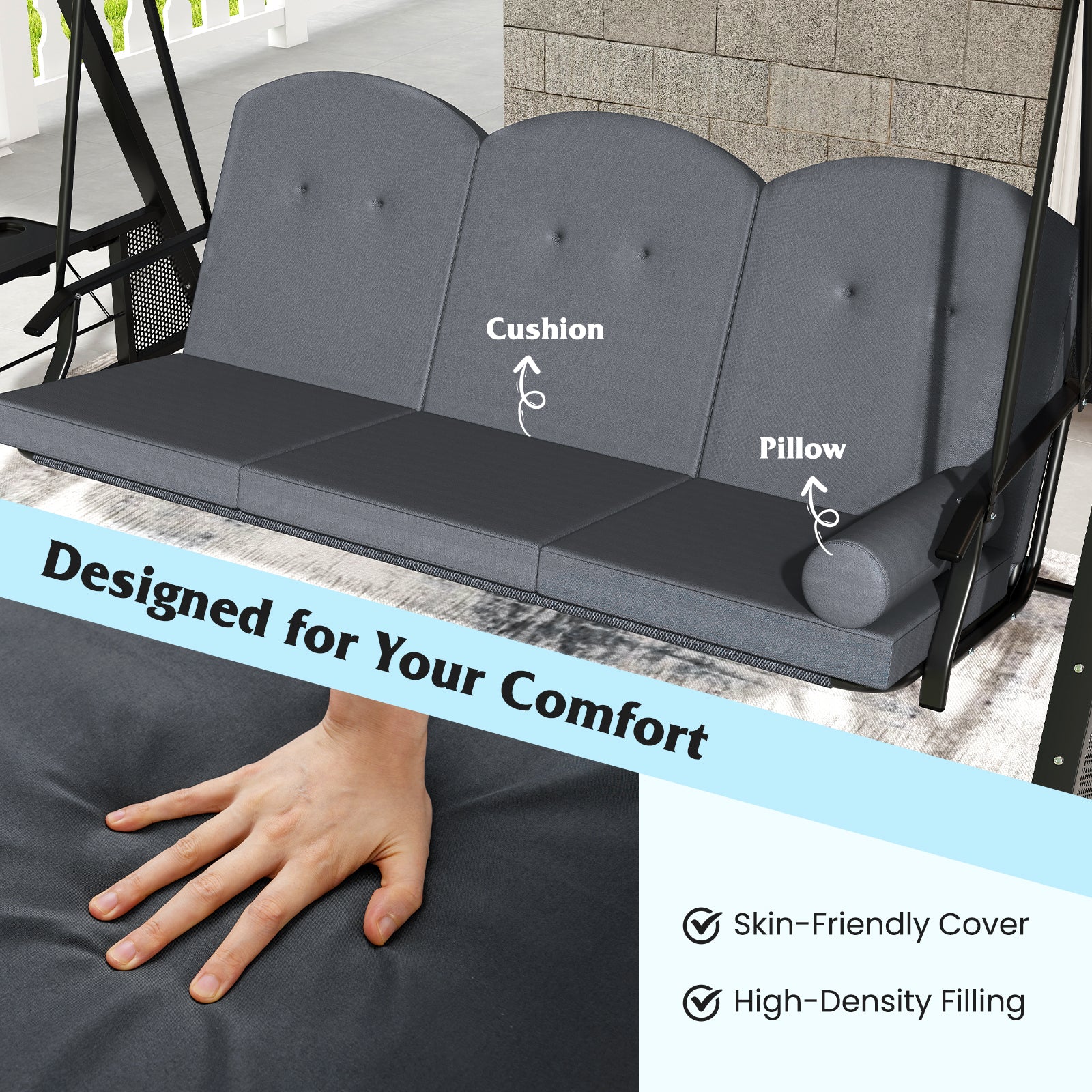 3-Seat Patio Swing Chair Porch Swing with Adjustable Canopy Thickened Cushions Pillow and Foldable Side Trays-Grey