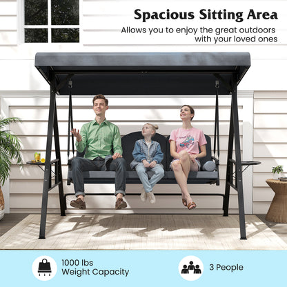 3-Seat Patio Swing Chair Porch Swing with Adjustable Canopy Thickened Cushions Pillow and Foldable Side Trays-Grey
