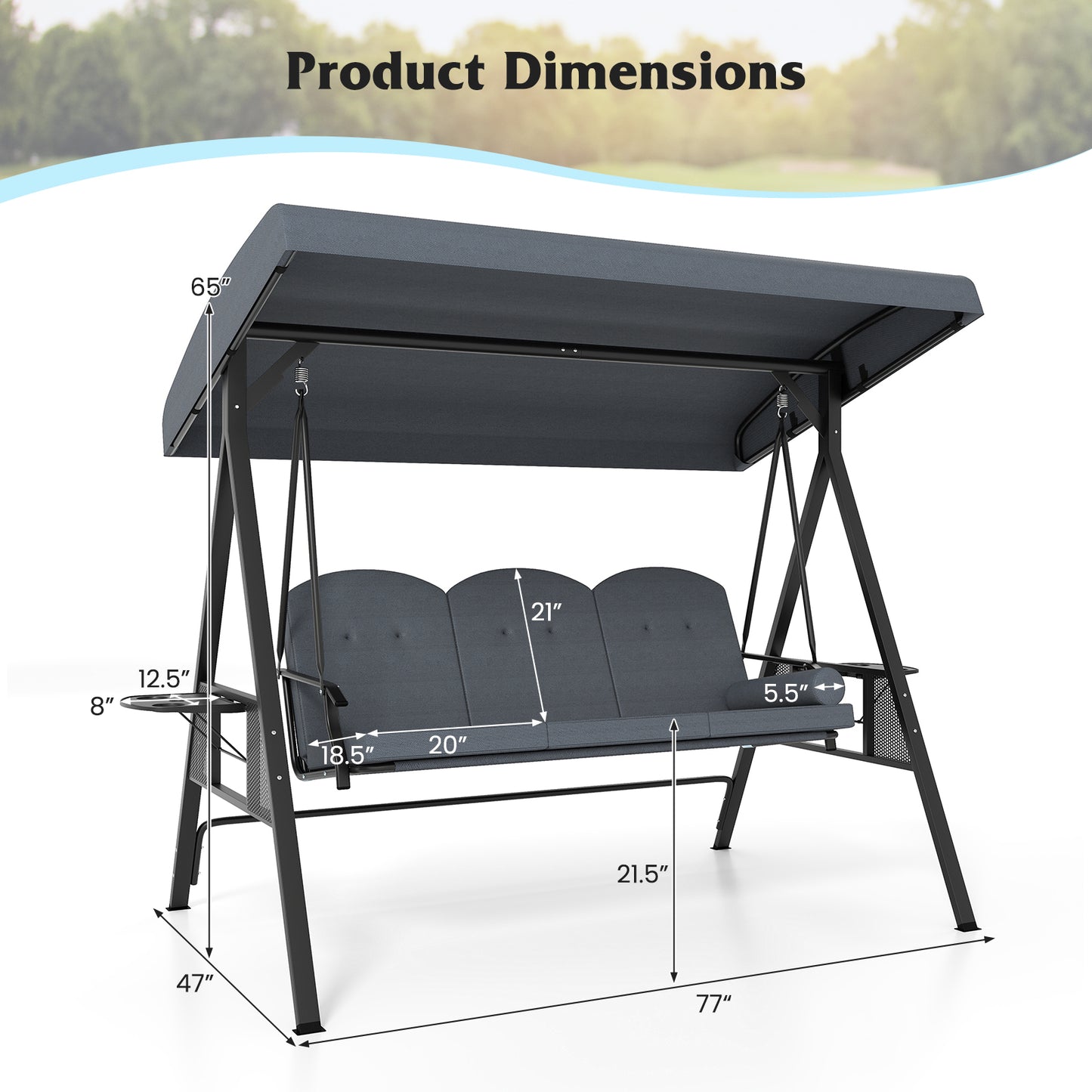 3-Seat Patio Swing Chair Porch Swing with Adjustable Canopy Thickened Cushions Pillow and Foldable Side Trays-Grey