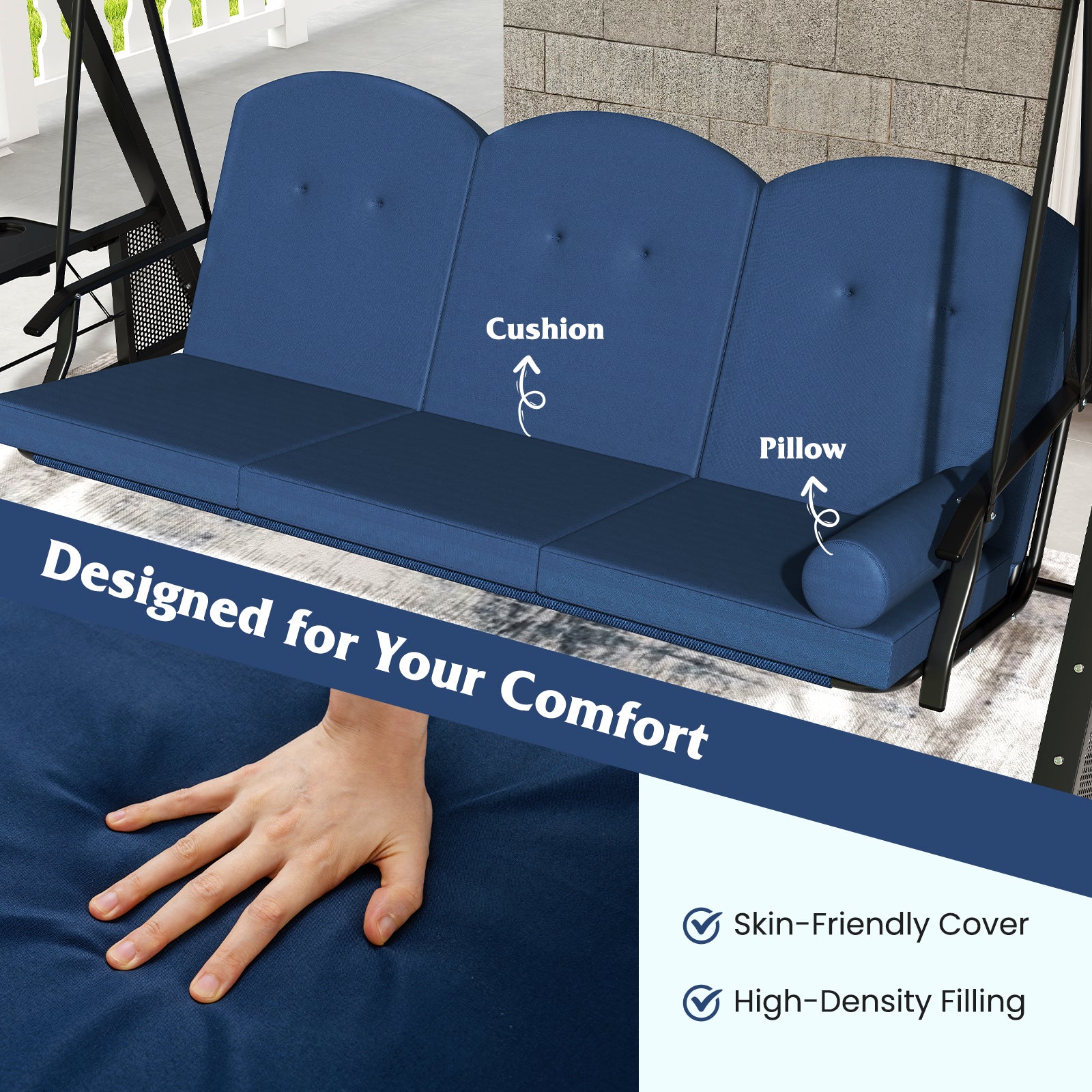 3-Seat Patio Swing Chair Porch Swing with Adjustable Canopy Thickened Cushions Pillow and Foldable Side Trays-Navy