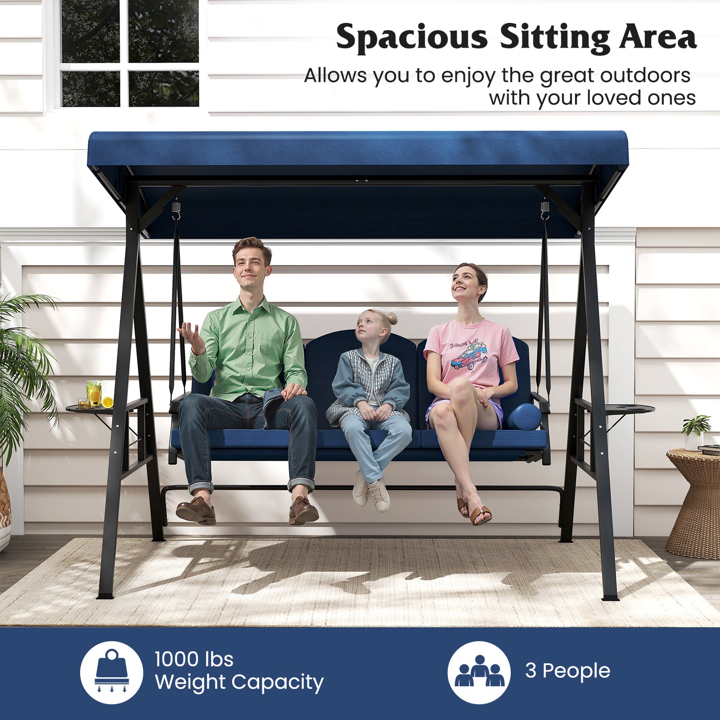 3-Seat Patio Swing Chair Porch Swing with Adjustable Canopy Thickened Cushions Pillow and Foldable Side Trays-Navy