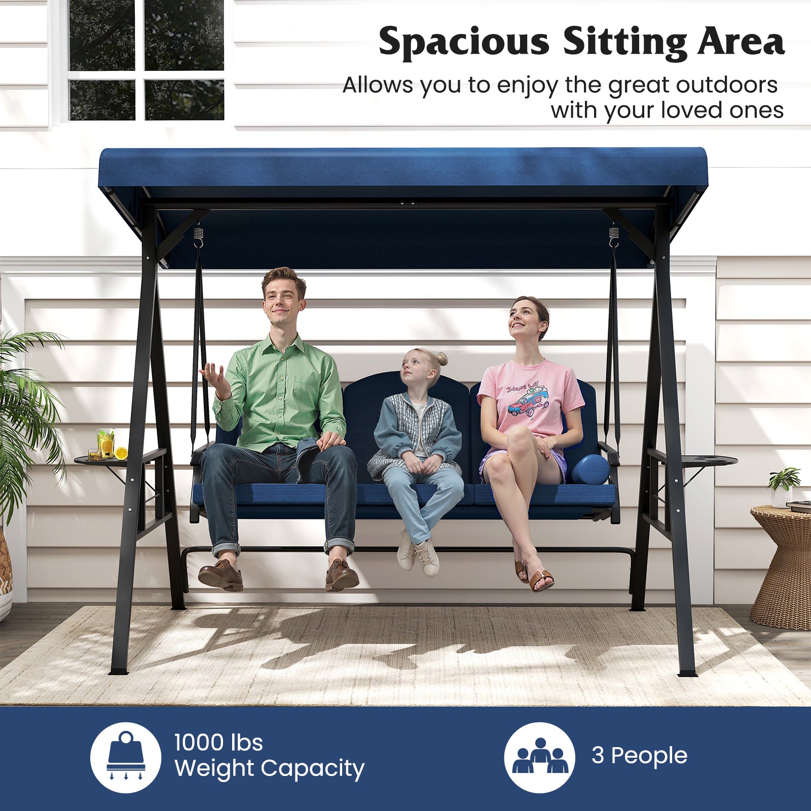 3-Seat Patio Swing Chair Porch Swing with Adjustable Canopy Thickened Cushions Pillow and Foldable Side Trays-Navy