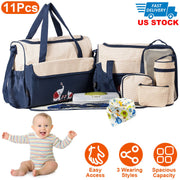 11Pcs Baby Nappy Diaper Bags Set for Mom Dad Mummy Shoulder Bags Multifunctional Diaper Handbags with Food Bag Bottle Bag Diaper Pad Burp Cloth 2 Hook