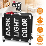 3-Bag Laundry Hamper Cart Waterproof 600D Oxford Cloth 3-Selection Laundry Basket