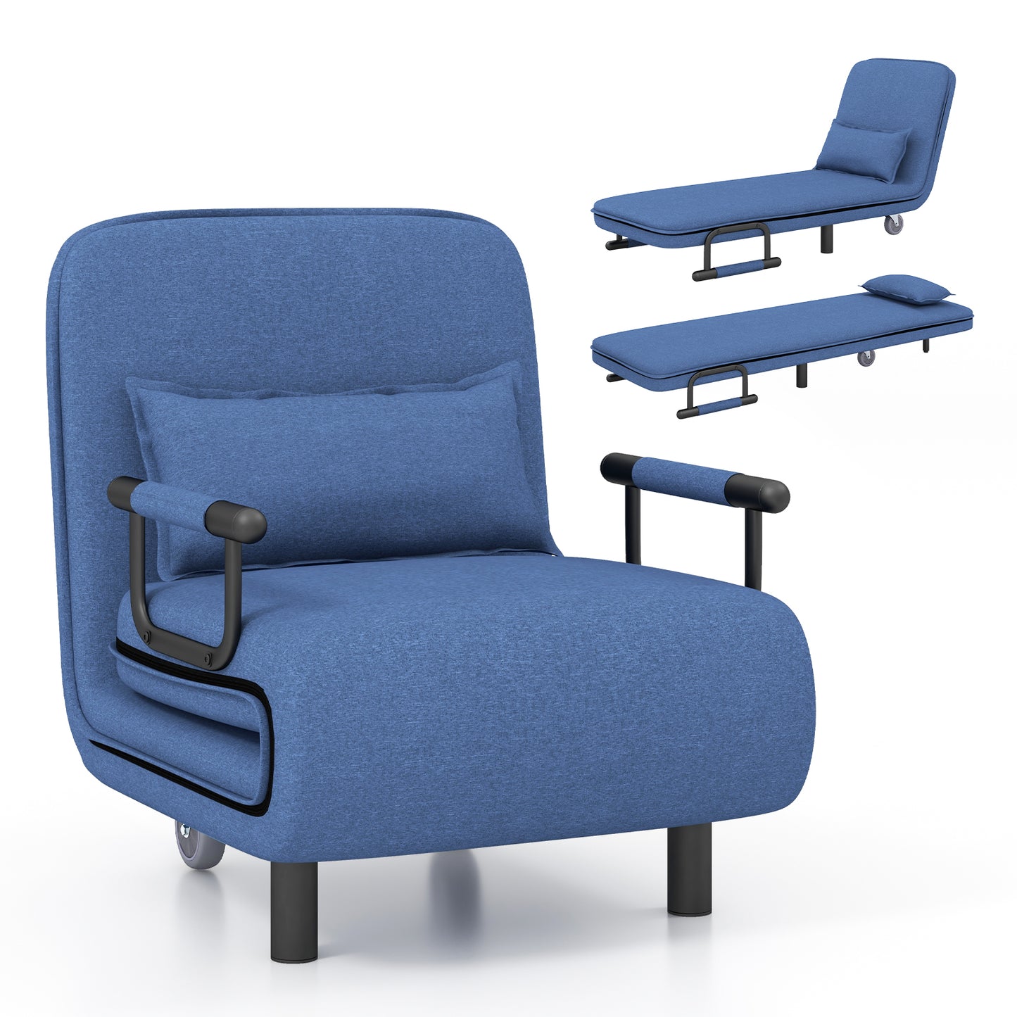 3-in-1 Convertible Sofa Bed with 5-Position Adjustable Backrest and Lumbar Pillow-Dark Gray - Blue