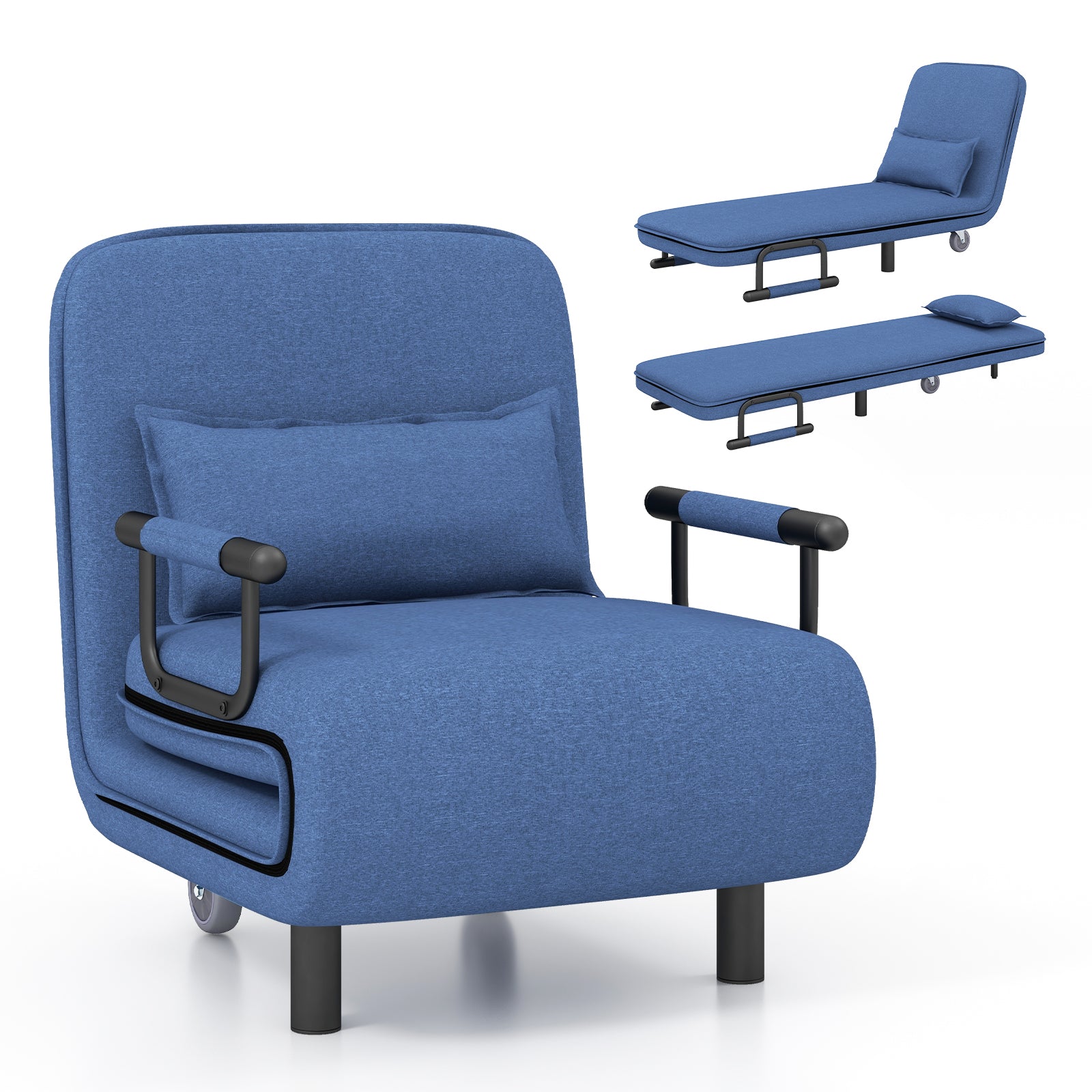 3-in-1 Convertible Sofa Bed with 5-Position Adjustable Backrest and Lumbar Pillow-Dark Gray - Blue