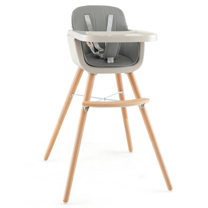 3-in-1 Convertible Wooden High Chair with Cushion-Pink - Gray