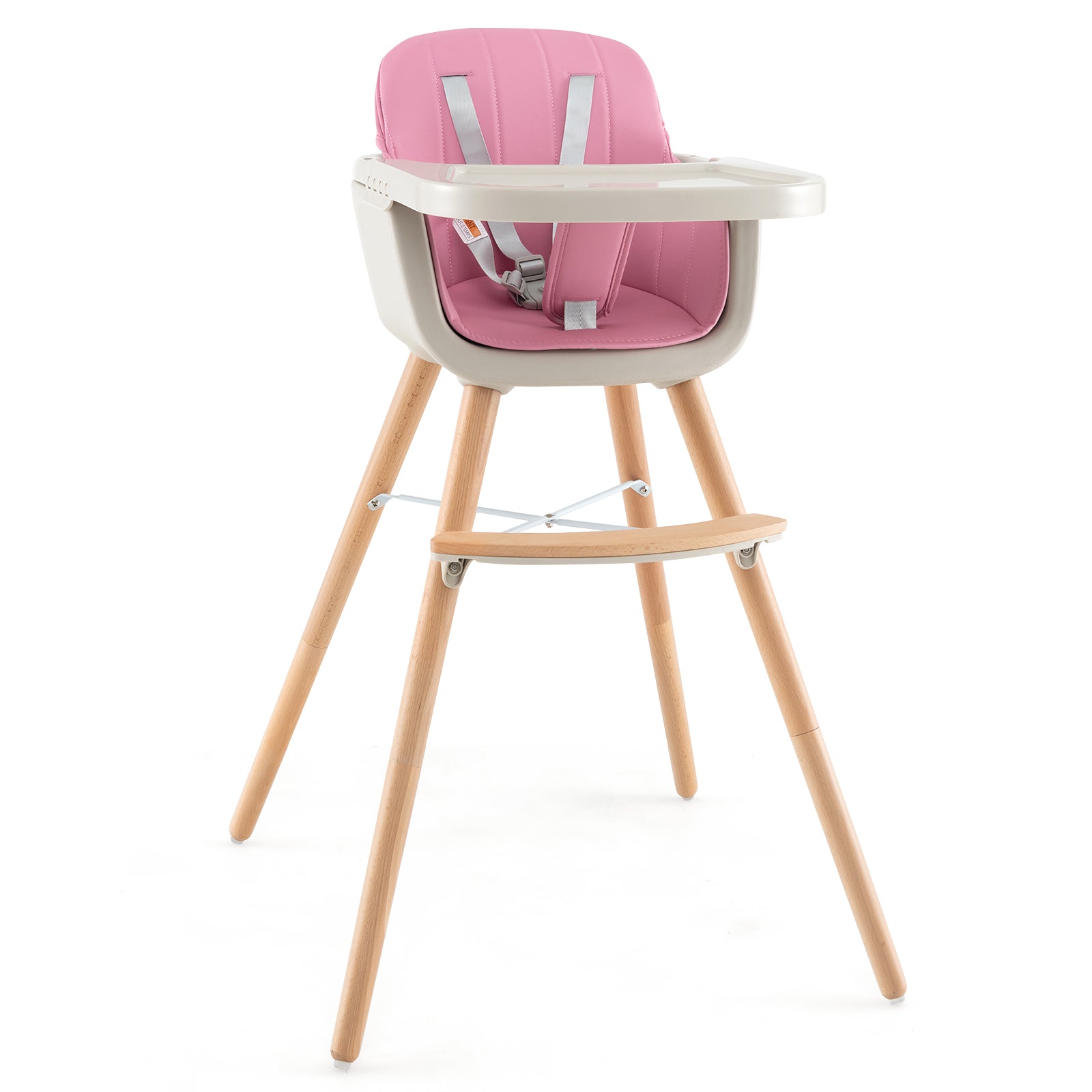 3-in-1 Convertible Wooden High Chair with Cushion-Pink - Pink
