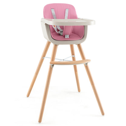 3-in-1 Convertible Wooden High Chair with Cushion-Pink - Pink