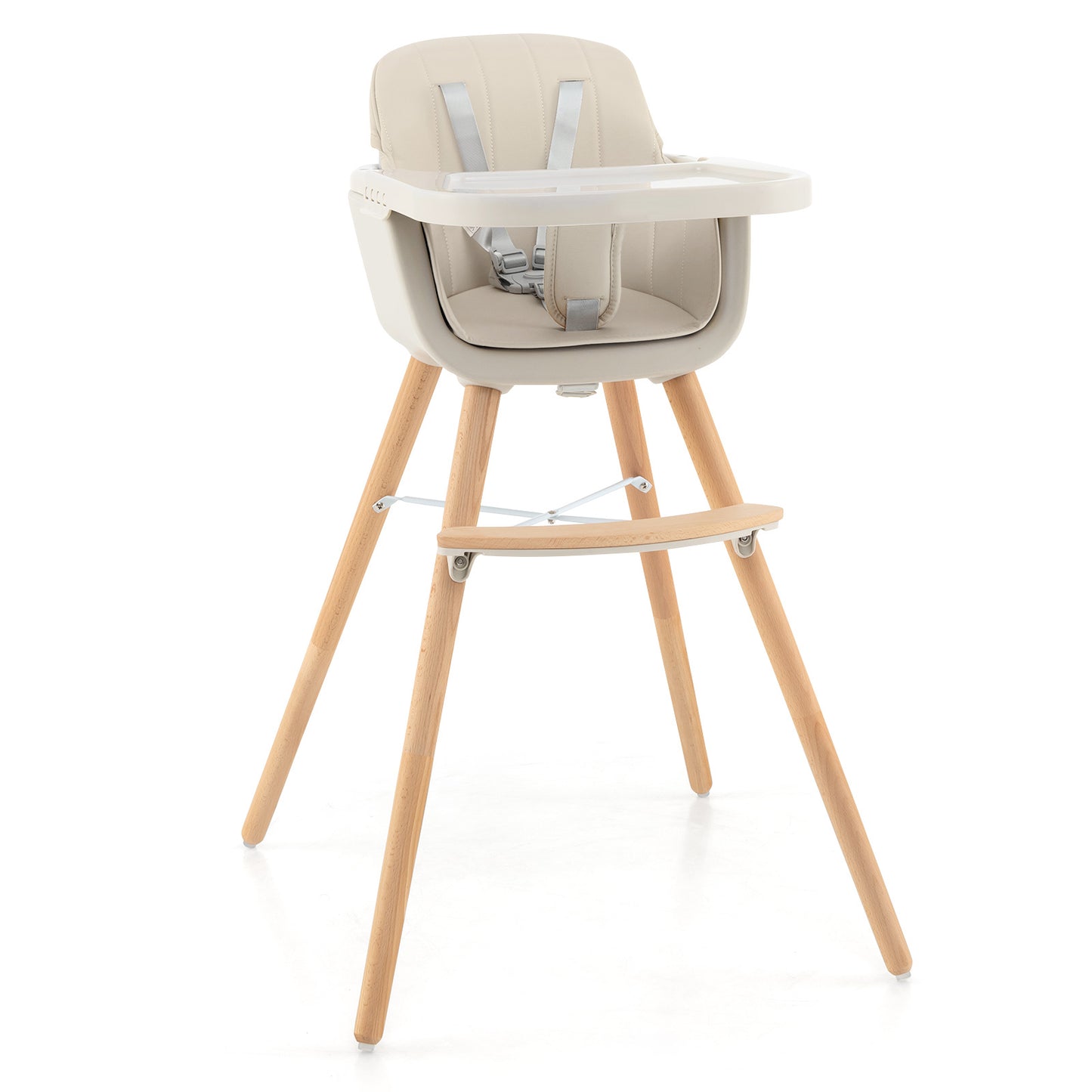 3-in-1 Convertible Wooden High Chair with Cushion-Pink - Beige