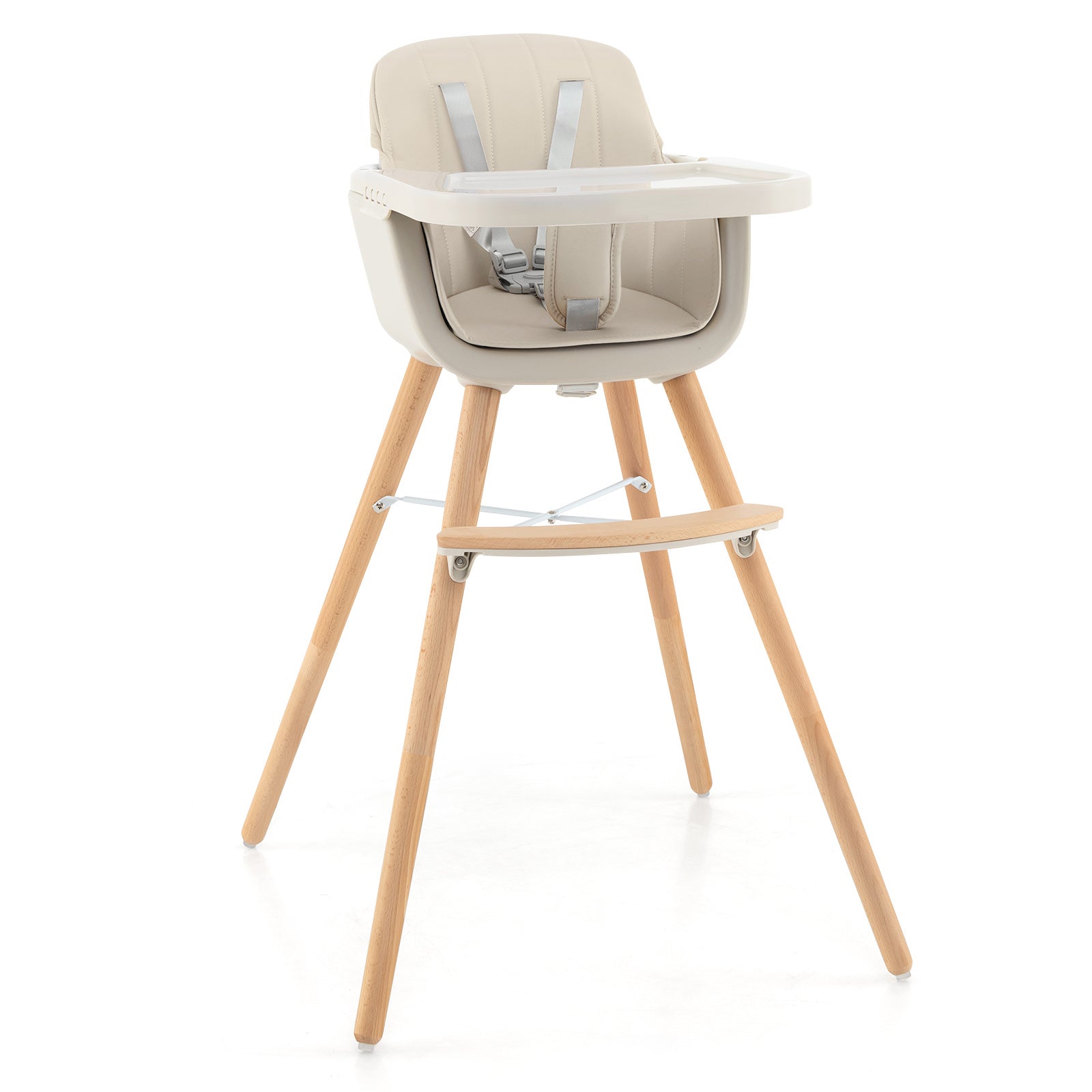 3-in-1 Convertible Wooden High Chair with Cushion-Pink - Beige