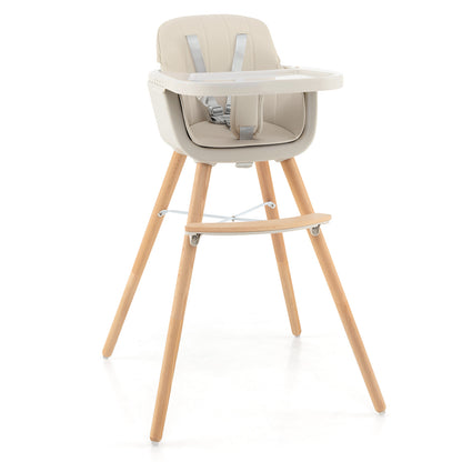 3-in-1 Convertible Wooden High Chair with Cushion-Pink - Beige