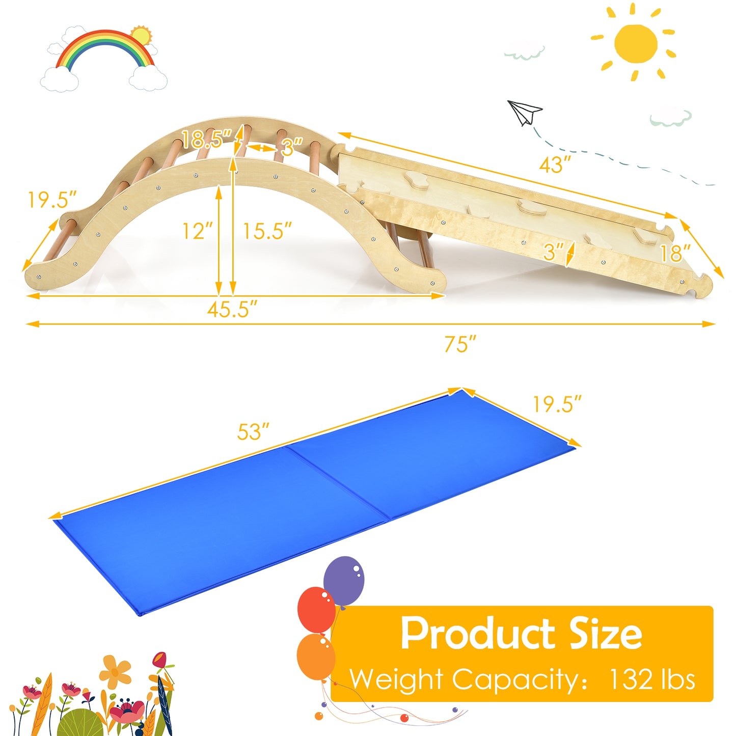 3-in-1 Wooden Arch Climber Set with Ramp and Rocker Mat