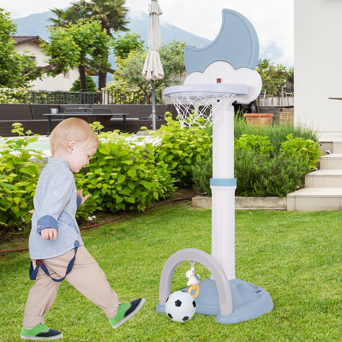 4-In-1 Kids Basketball Hoop with Moon-shaped Electronic Scoreboard and Play Set-Blue