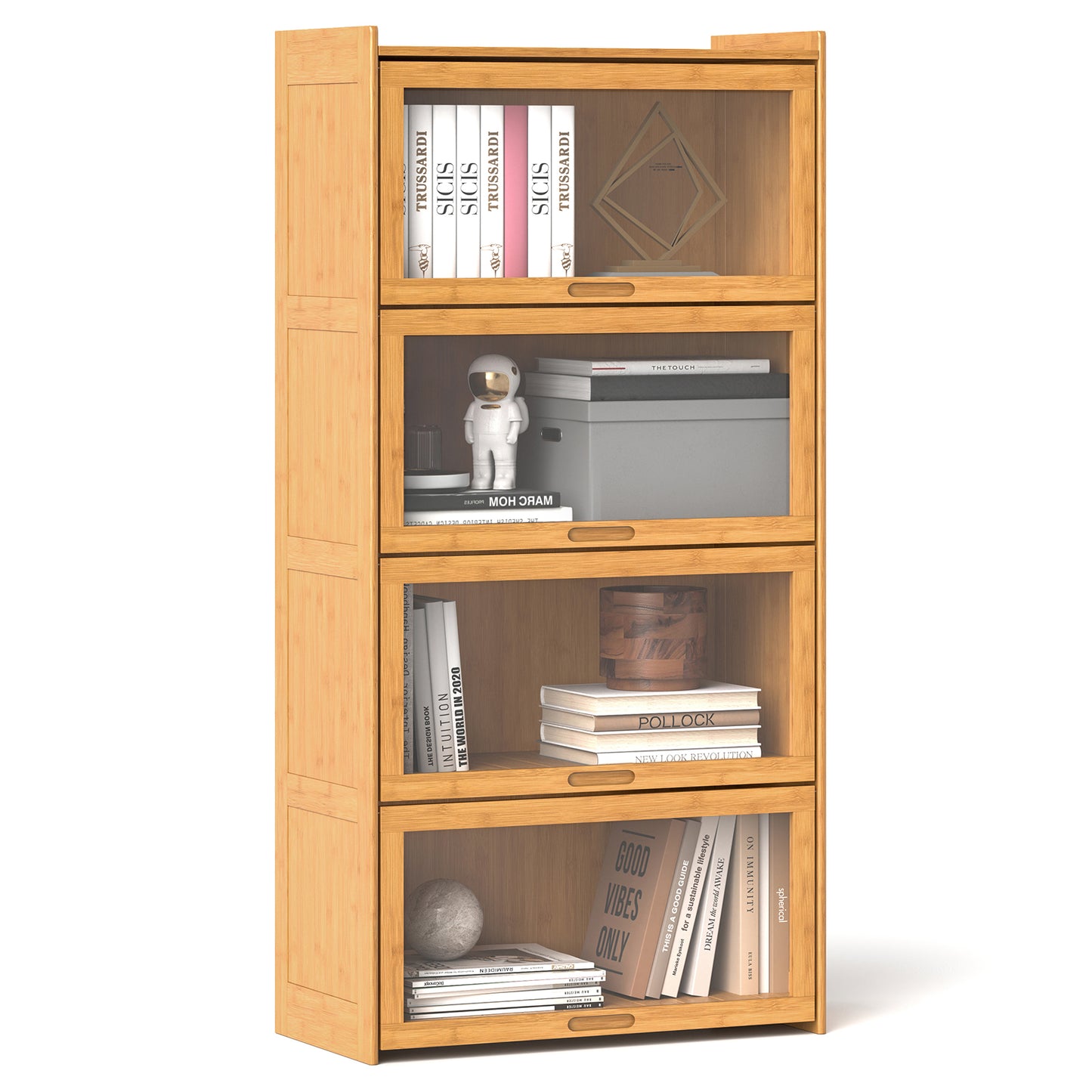 4-Tier Bamboo Bookcase with Doors for Study Room Living Room-Natural - Natural