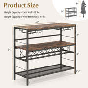 41 Inch 4-Tier Bar Table with Wine Rack and 4 Rows of Glass Holders-Rustic Brown