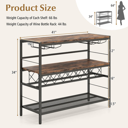 41 Inch 4-Tier Bar Table with Wine Rack and 4 Rows of Glass Holders-Rustic Brown