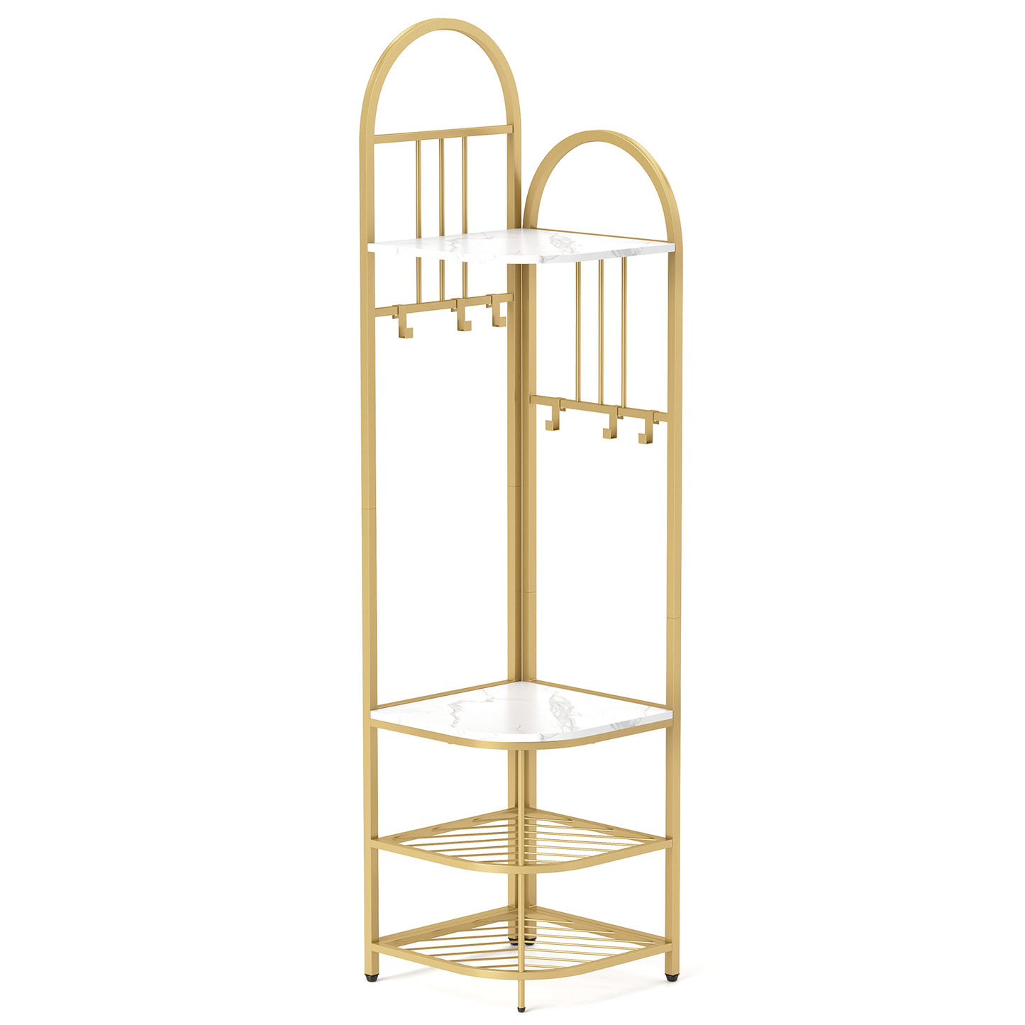 4-Tier Coat Rack Corner Hall Tree with Shoe Storage Bench-Rustic Brown - White