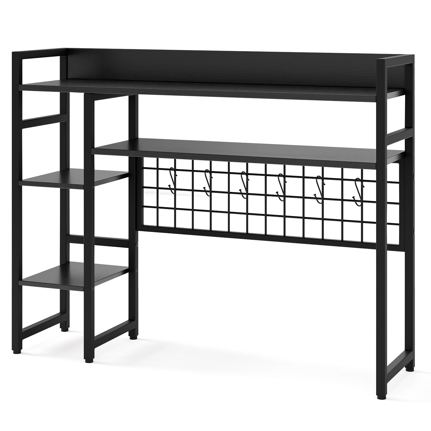4-Tier Desk Shelf Desktop Display Rack with Metal Grid Panel and 6 Hooks-Natural - Black