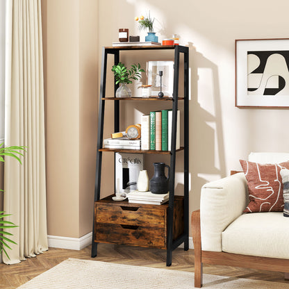 4-Tier Ladder Shelf with 2 Drawers 52.5 Inch Tall Freestanding Bookcase
