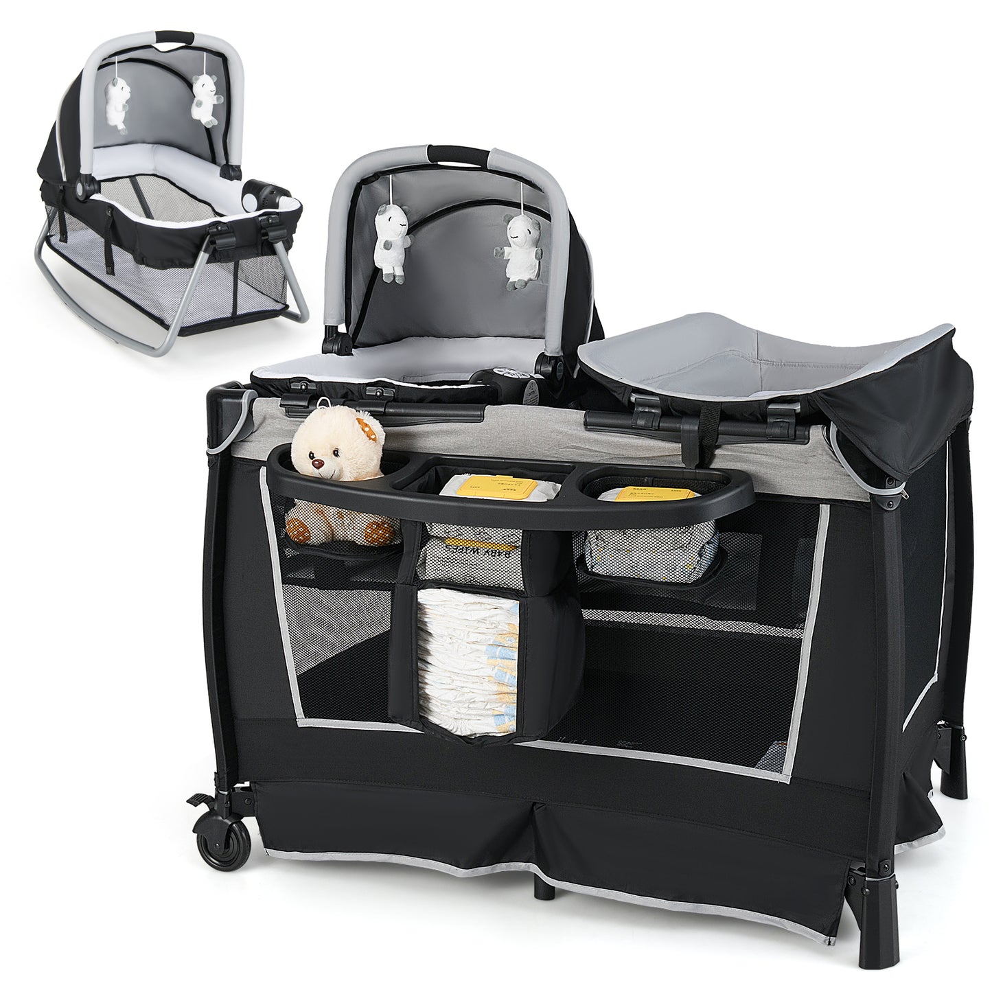 4-in-1 Convertible Portable Baby Play yard with Toys and Music Player-Blue - Gray