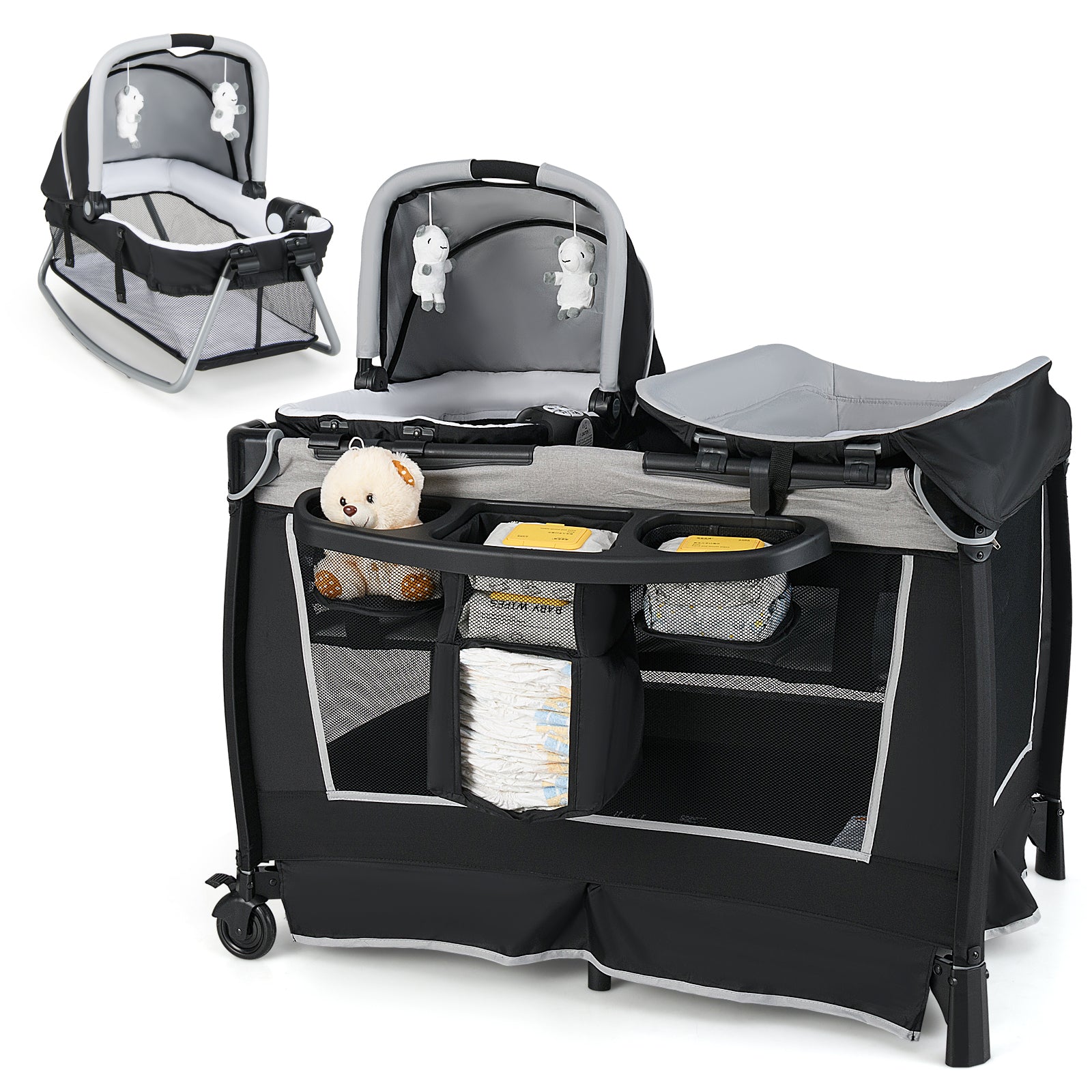 4-in-1 Convertible Portable Baby Play yard with Toys and Music Player-Blue - Gray
