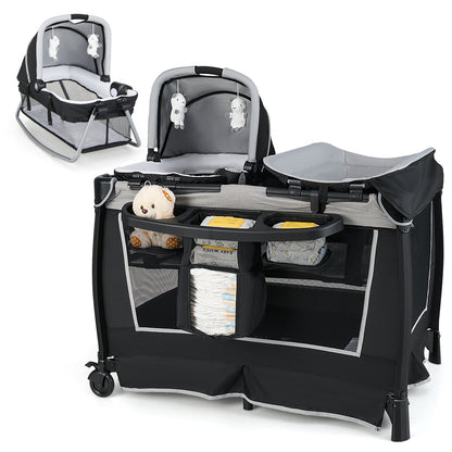 4-in-1 Convertible Portable Baby Play yard with Toys and Music Player-Blue - Gray