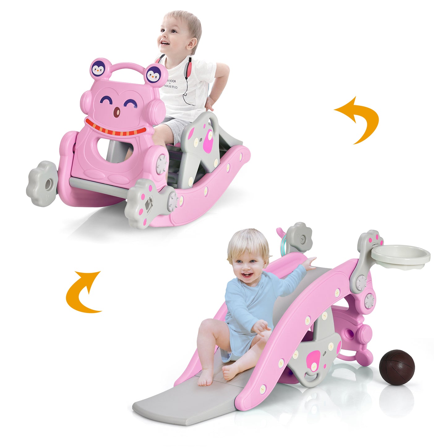 4-in-1 Rocking Horse and Slide Set for Kids-Blue - Pink