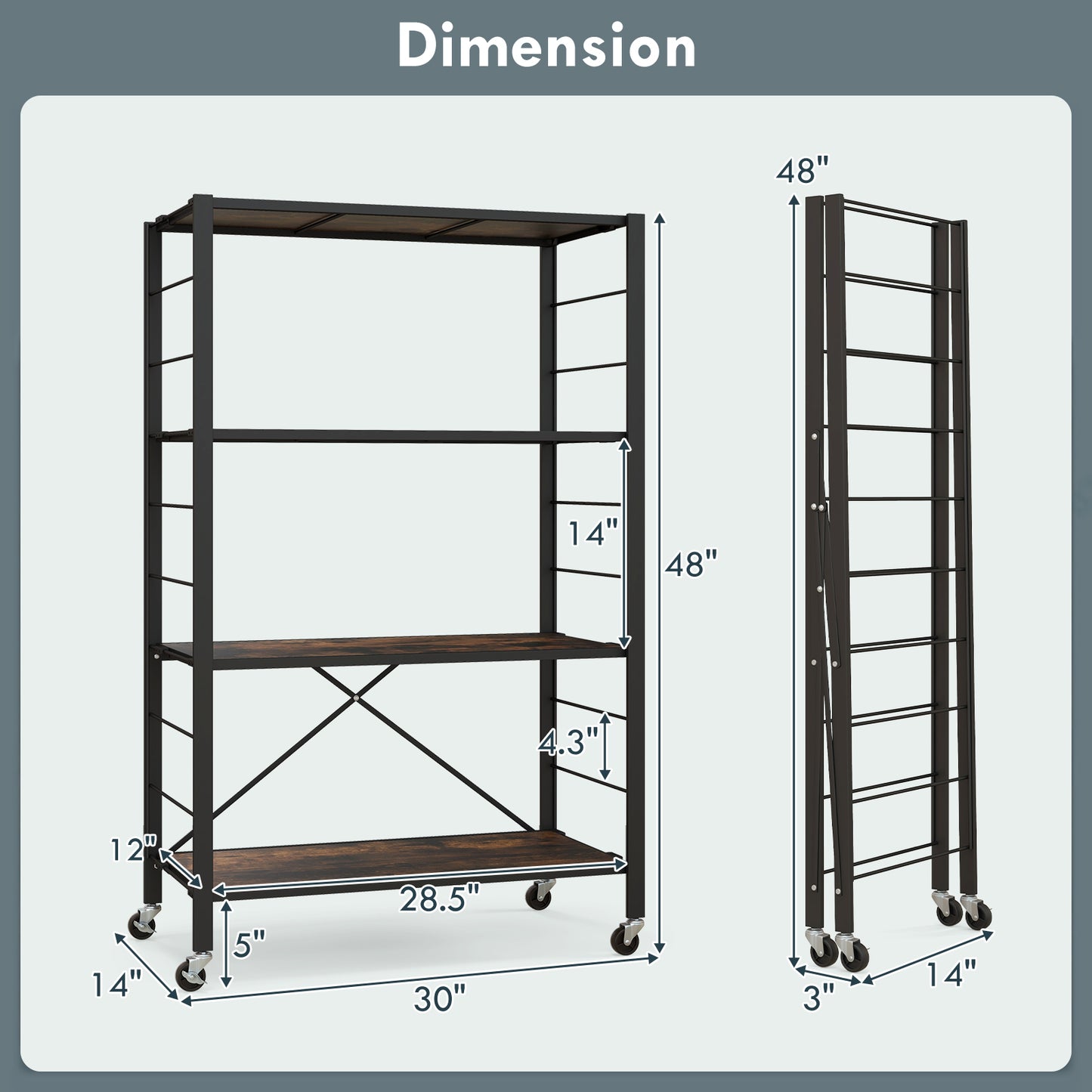 4-Tier Foldable Storage Rack with Wheels - 180 lbs Capacity