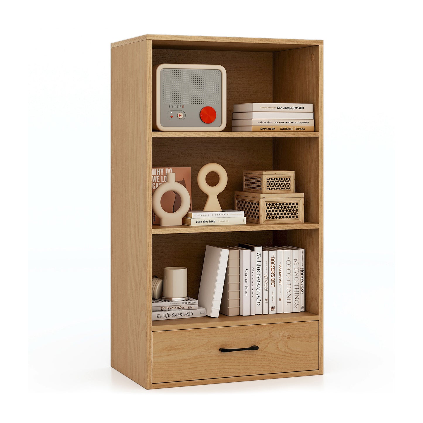 48 Inch Tall 4 Tiers Wood Bookcase with Drawer-Black - Natural