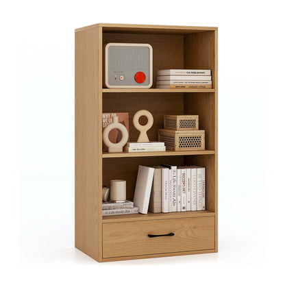 48 Inch Tall 4 Tiers Wood Bookcase with Drawer-Black - Natural