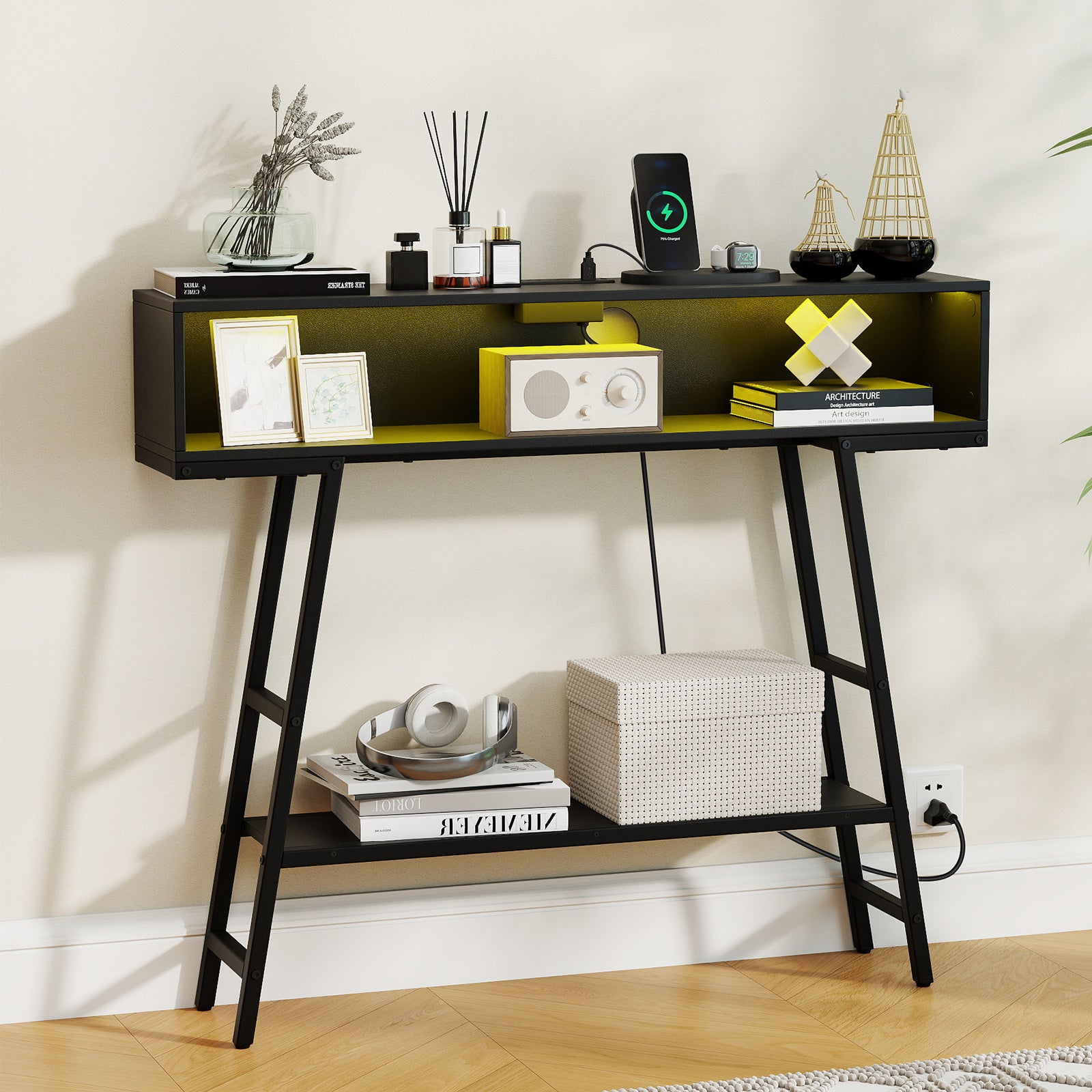 40" Console Table with Charging Station and LED Lights-Black