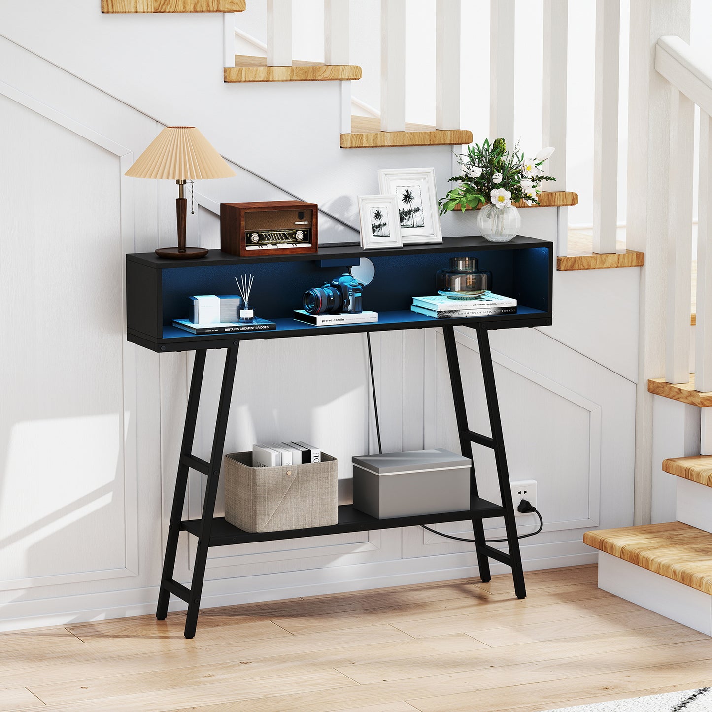 40" Console Table with Charging Station and LED Lights-Black