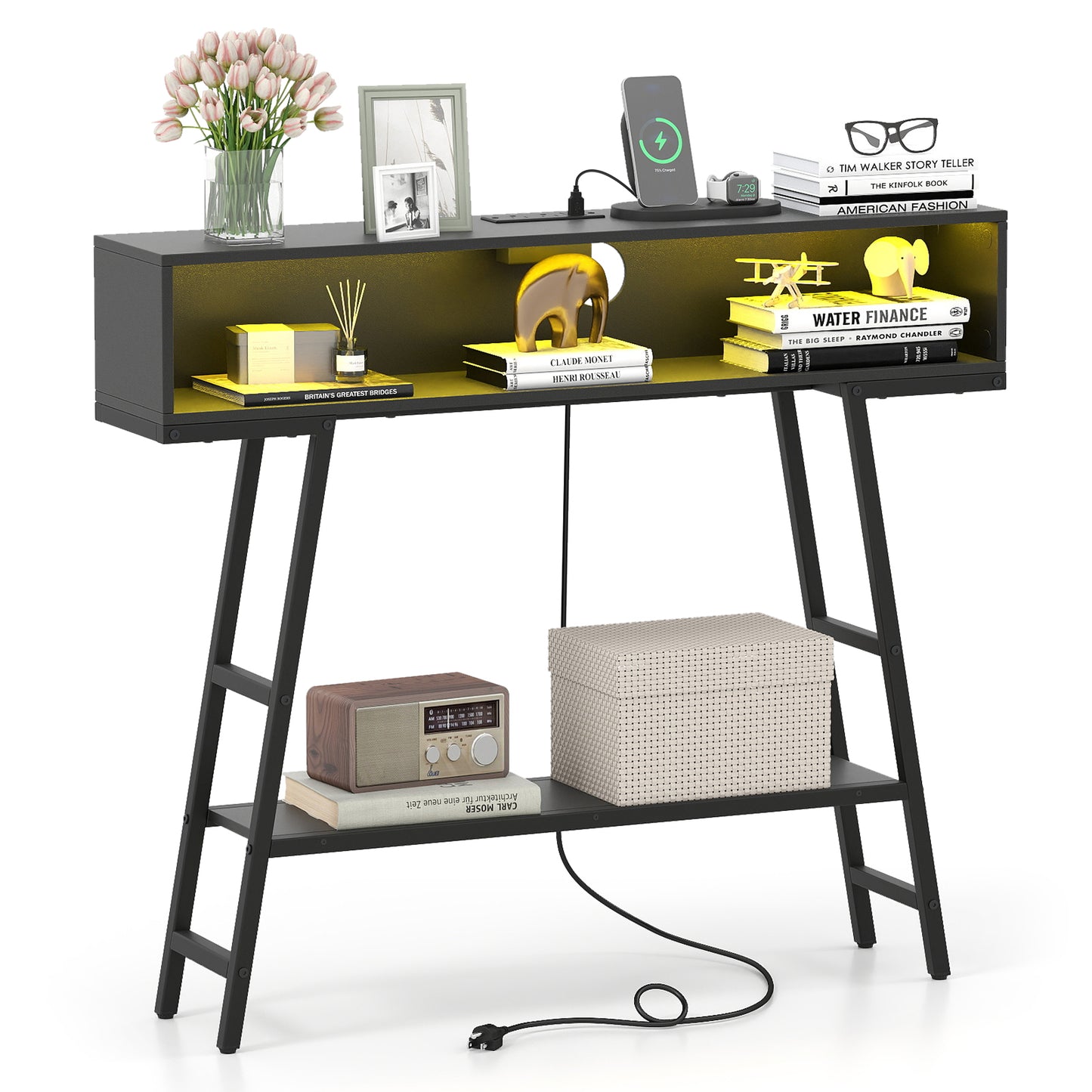 40" Console Table with Charging Station and LED Lights-Black