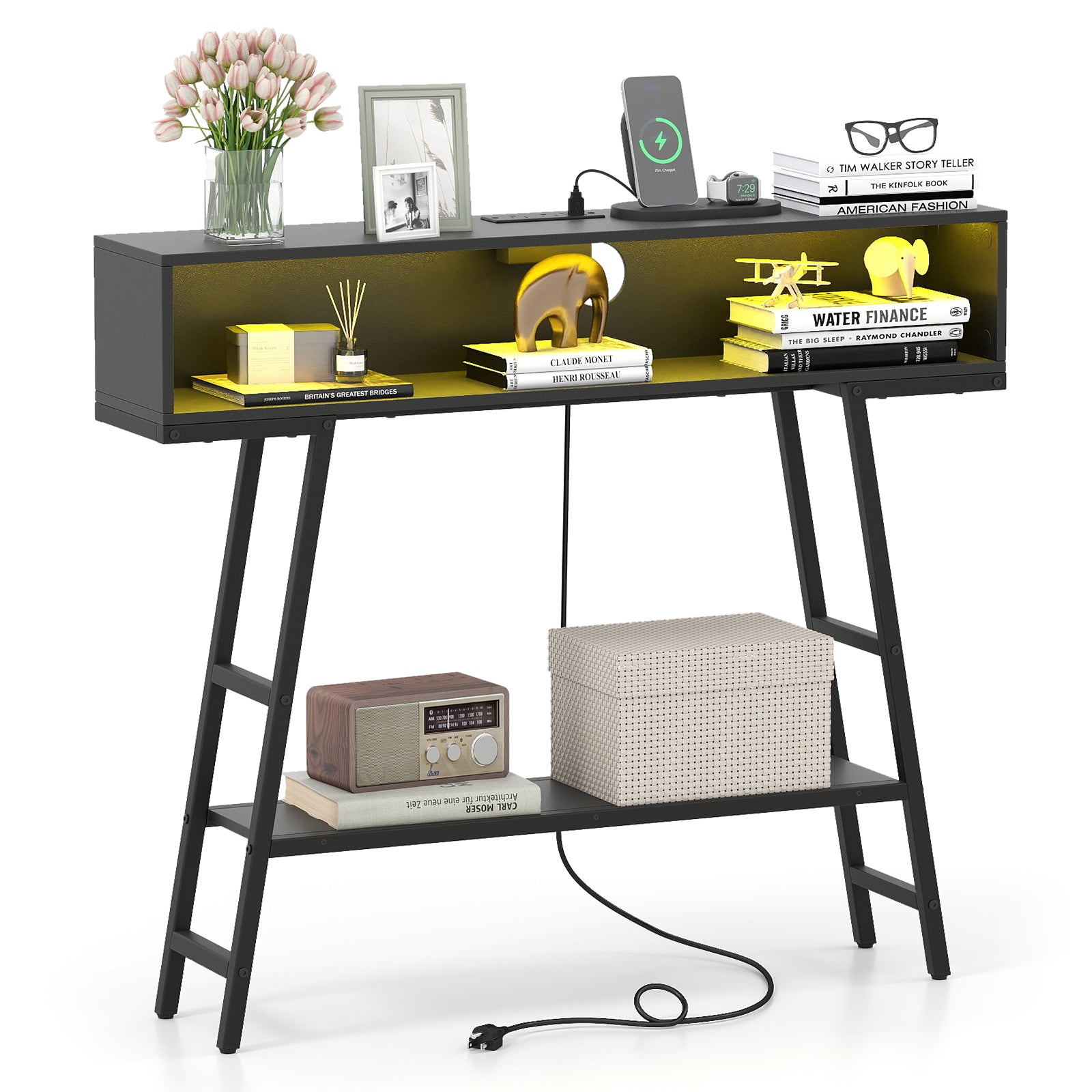 40" Console Table with Charging Station and LED Lights-Black