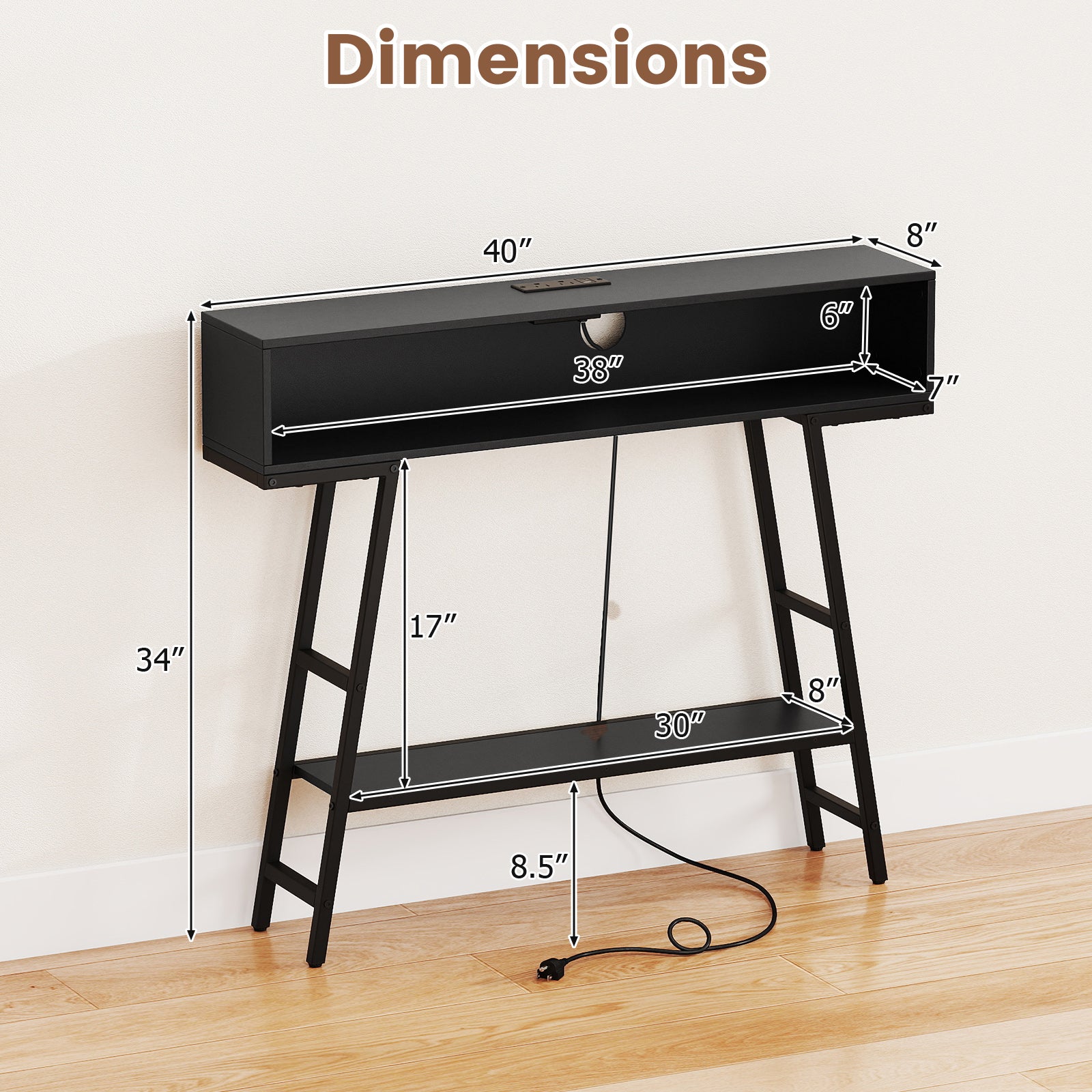 40" Console Table with Charging Station and LED Lights-Black