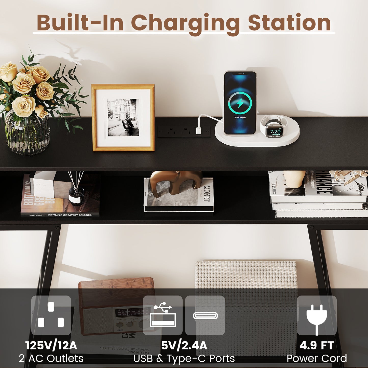 40" Console Table with Charging Station and LED Lights-Black