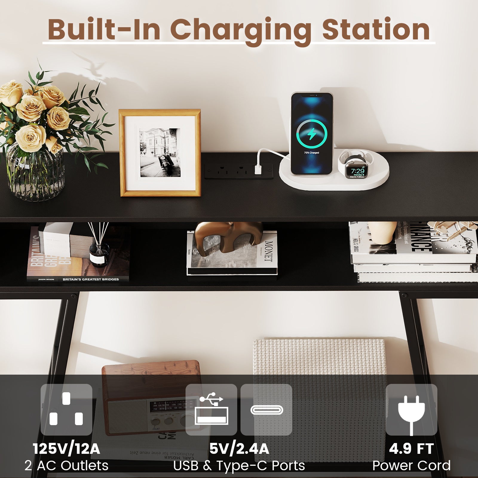 40" Console Table with Charging Station and LED Lights-Black