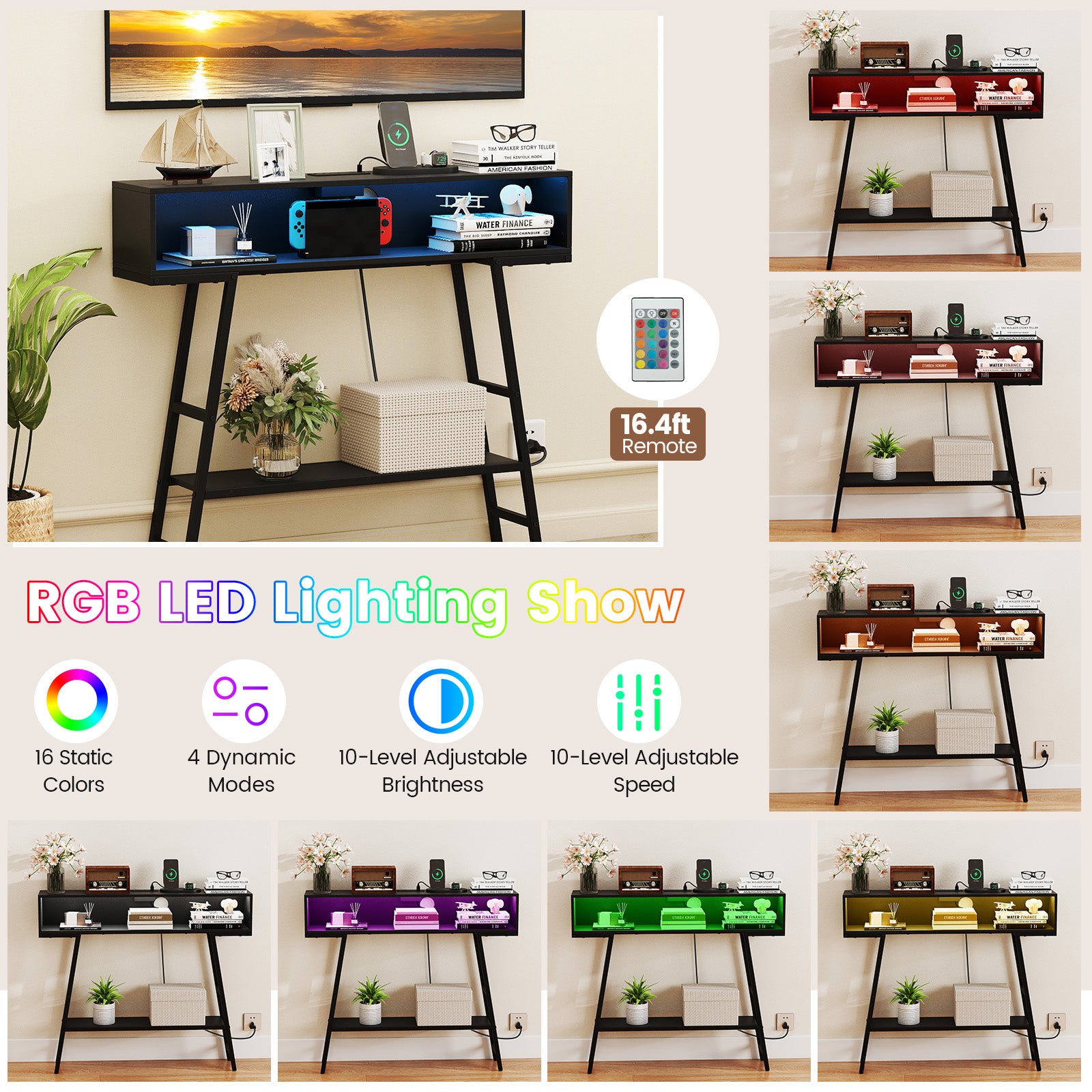 40" Console Table with Charging Station and LED Lights-Black