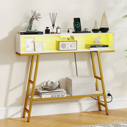 40" Console Table with Charging Station and LED Lights-White