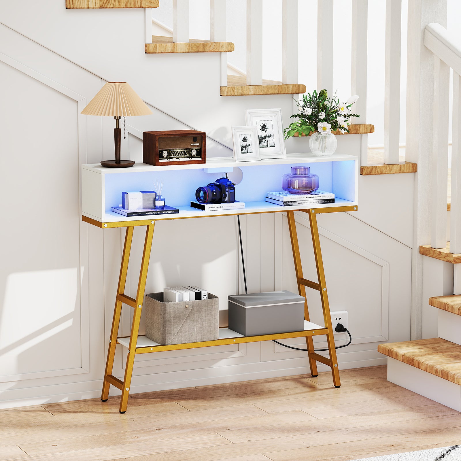 40" Console Table with Charging Station and LED Lights-White