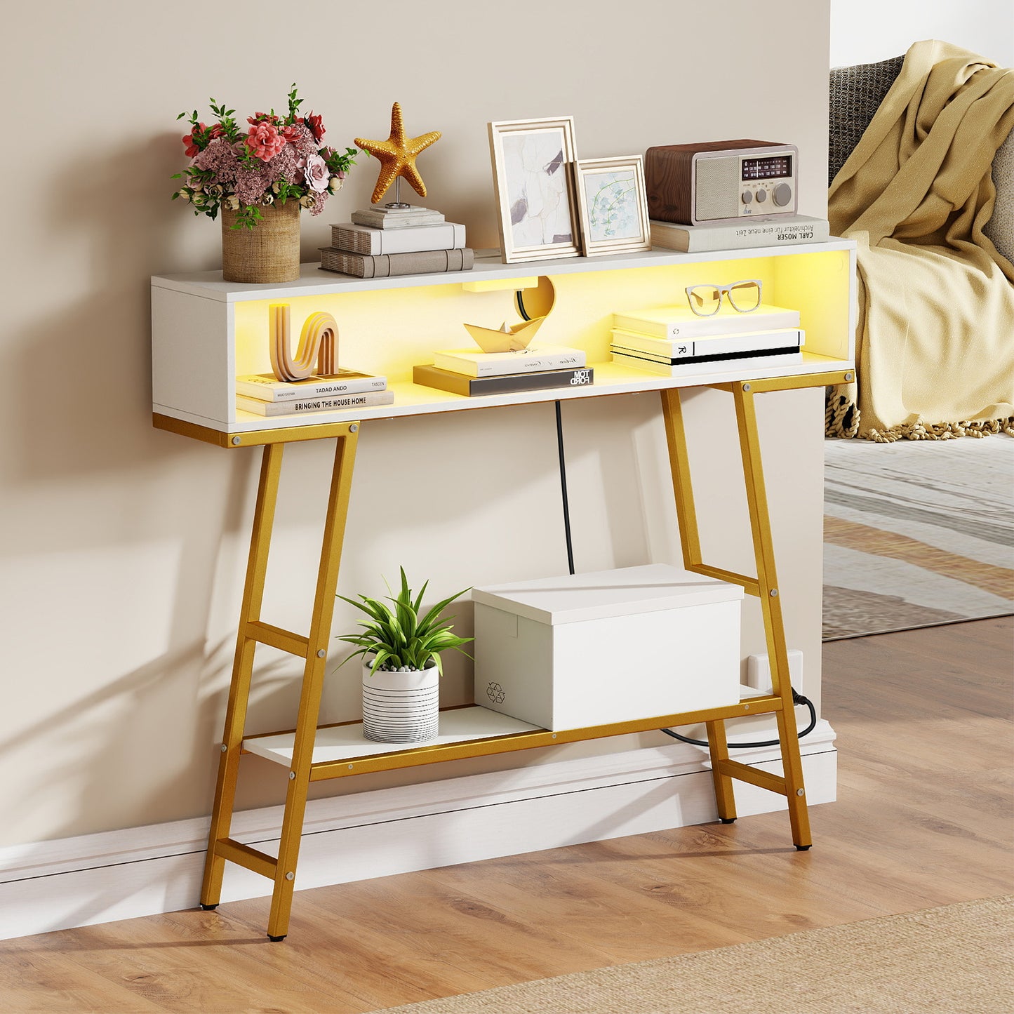 40" Console Table with Charging Station and LED Lights-White