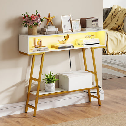 40" Console Table with Charging Station and LED Lights-White