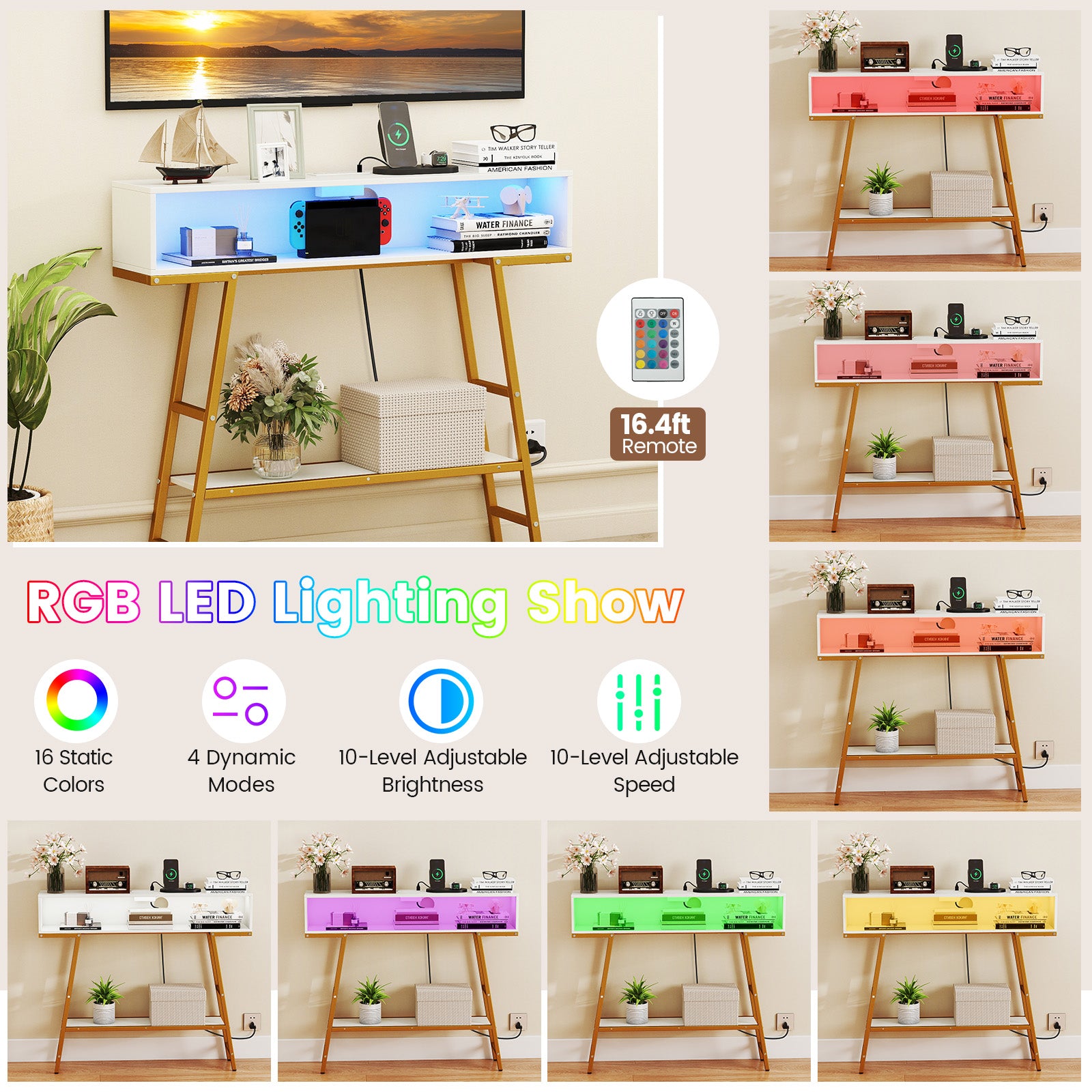 40" Console Table with Charging Station and LED Lights-White