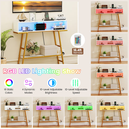 40" Console Table with Charging Station and LED Lights-White
