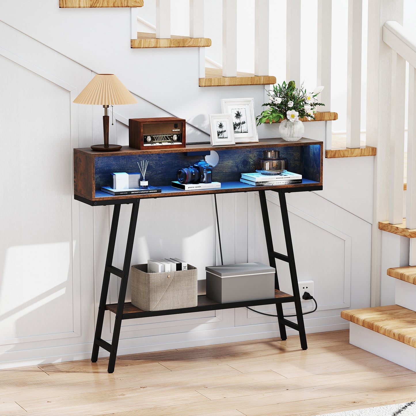 40" Console Table with Charging Station and LED Lights-Rustic Brown